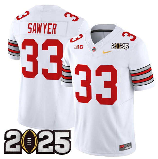 Men Ohio State Buckeyes #33 Jack Sawyer White Gold 2025 CFP Final Patch F.U.S.E. Vapor Limited Stitched NCAA Jersey